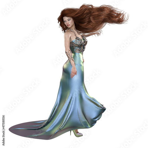Fashion Icon Woman with Red Hair in Shimmery Blue Dress, 3D Rendering, 3D Illust Fototapet