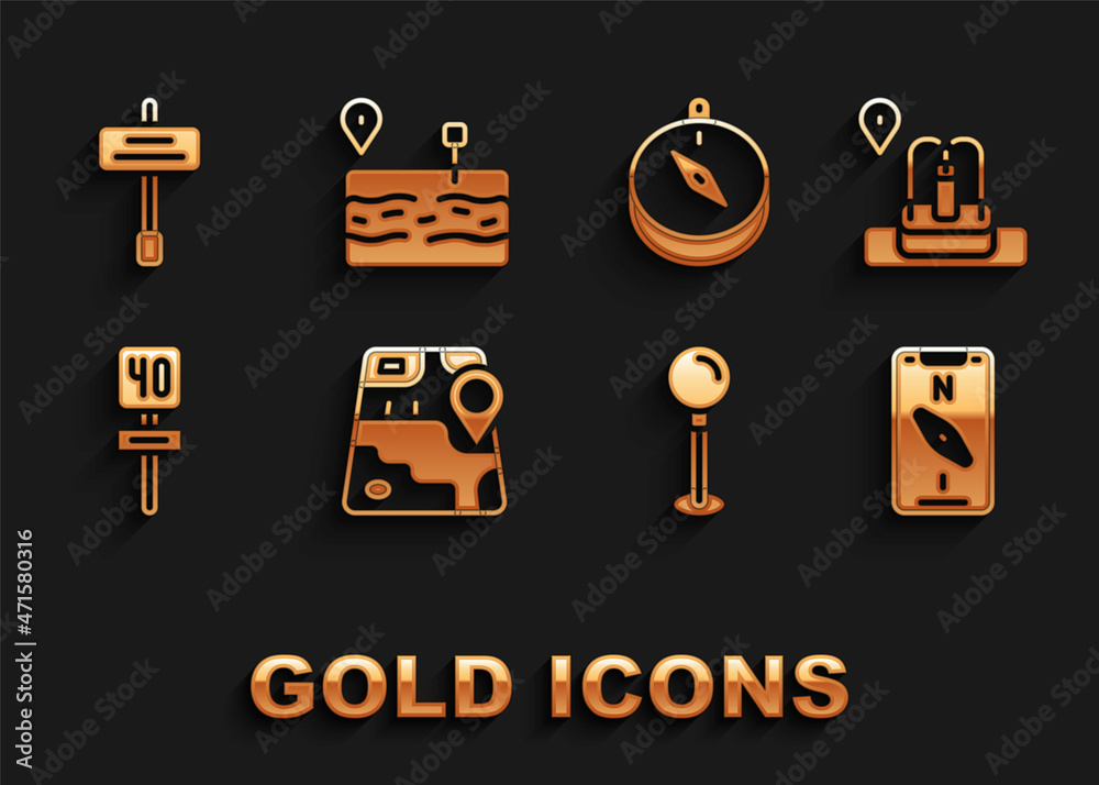 Set City map navigation, Location with fountain, Compass mobile, Push pin, Road traffic sign, and Broken road icon. Vector Set City map navigation, Location with fountain, Compass mobile, Push pin, Road traffic sign, and Broken road icon. Vector