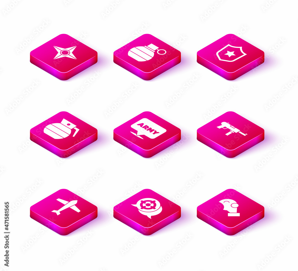 Set Jet fighter, Target sport, Hand grenade, Military army, Gas mask, Submachine gun M3, reward medal and icon. Vector