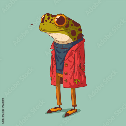 Sketch drawn vector illustration of humanized frog. Anthropomorphic frog. Trendy animal character with human body. Standing frog wearing a longsleve, trousers, red coat and retro shoes watching a fly
