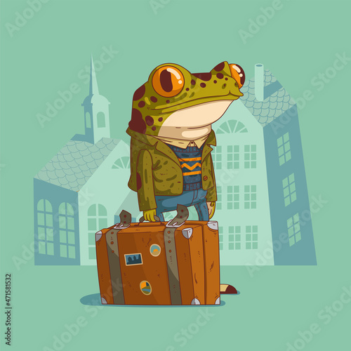 Cartoon vector illustration of humanized frog traveler. A frog wearing trendy clothes holding an old style suitcase and standing still against buildings' silhouettes. Animal character with human body