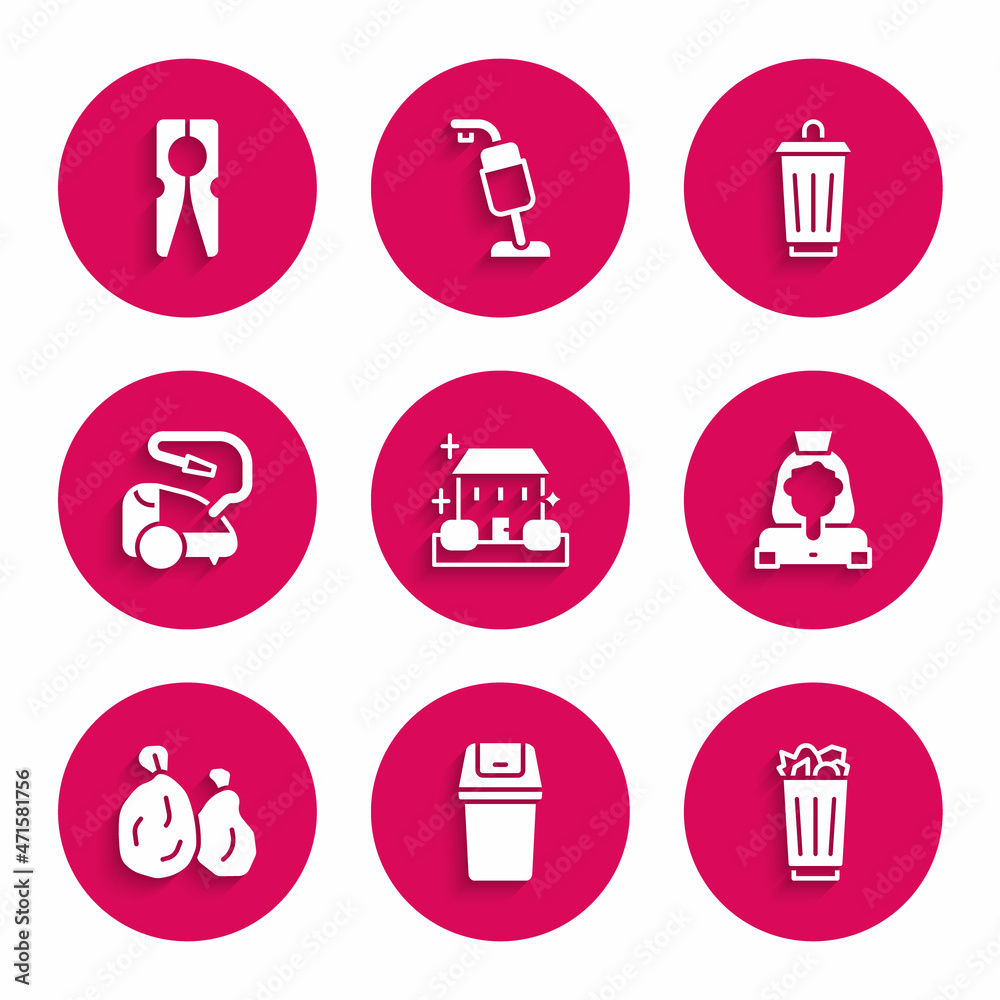 Set Home cleaning service, Trash can, Full trash, Cleaning lady, Garbage bag, Vacuum cleaner, and Clothes pin icon. Vector