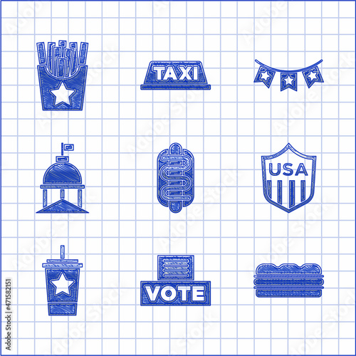 Set Hotdog sandwich, Vote box, Sandwich, Shield with stars, Paper glass straw, White House, Carnival garland flags and Potatoes french fries in icon. Vector