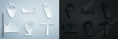 Set Hexagram sheriff, Revolver gun in holster, Saloon door, Pickaxe, Kayak canoe and paddle and Cowboy bandana icon. Vector