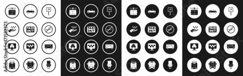Set Airport, Location with taxi, Hand, Cable car, No Smoking, Car, Bus and icon. Vector