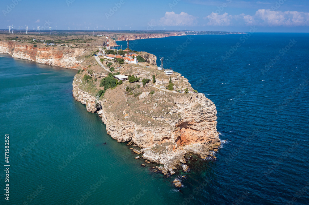 Drone photo of tip of Cape Kaliakra on the Black Sea shore in Bulgaria