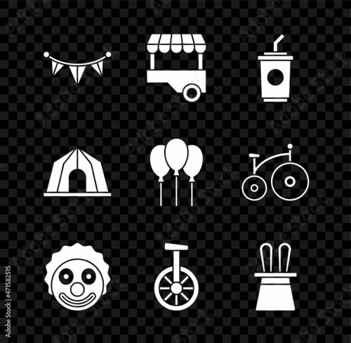 Set Carnival garland with flags, Fast street food cart, Paper glass water, Clown head, Unicycle or one wheel bicycle, Magician hat rabbit ears, Circus tent and Balloons ribbon icon. Vector
