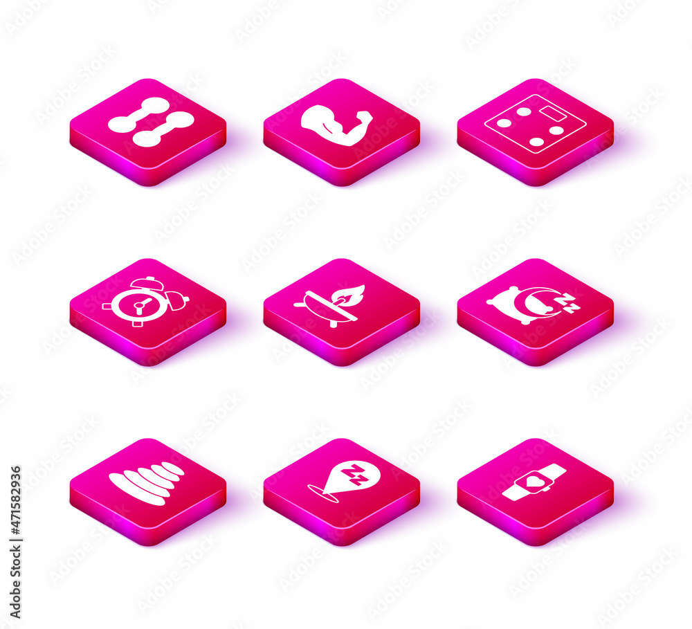 Set Stack hot stones, Sleepy, Alarm clock, Aroma candle, Smart watch, Time sleep, Bathroom scales and Bodybuilder muscle icon. Vector Set Stack hot stones, Sleepy, Alarm clock, Aroma candle, Smart watch, Time sleep, Bathroom scales and Bodybuilder muscle icon. Vector