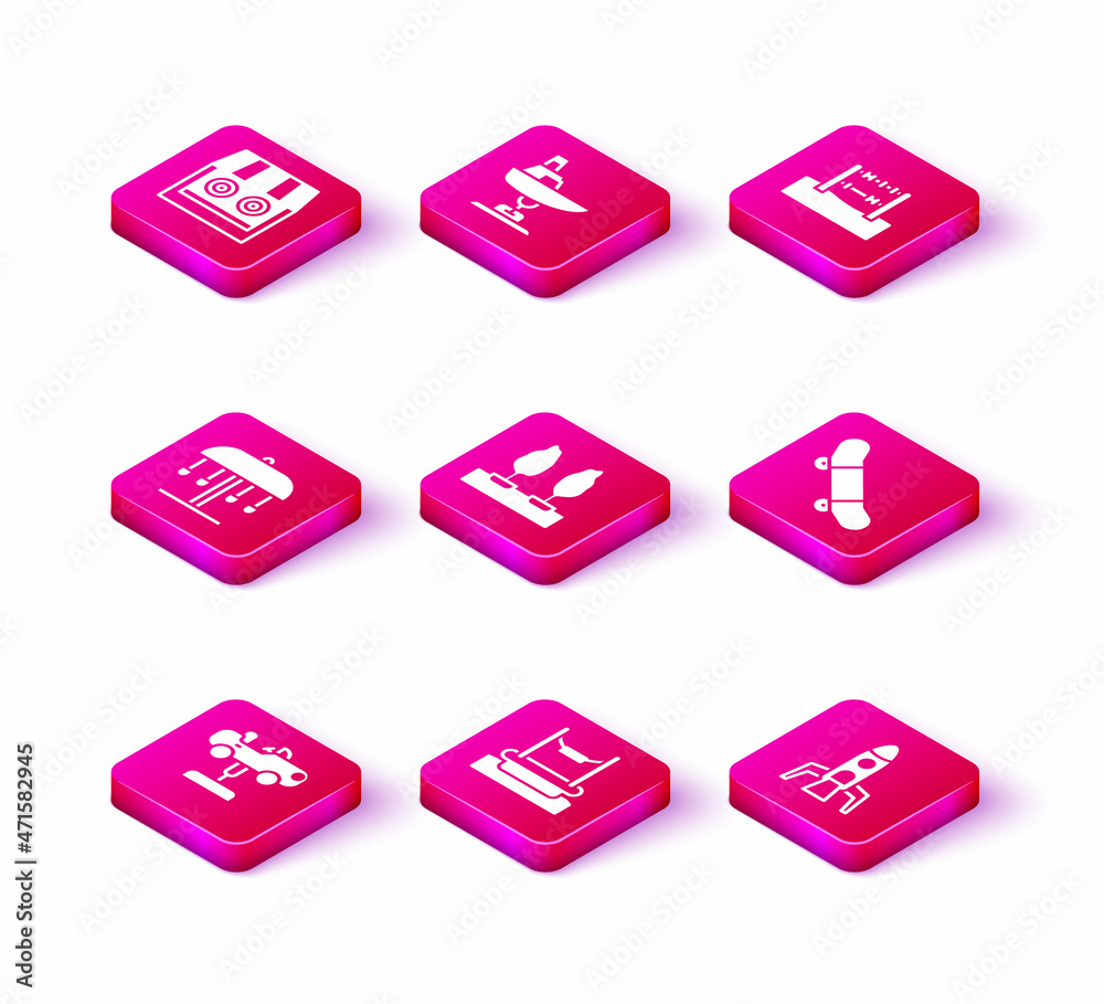 Set Swing car, Bungee, Attraction carousel, Forest, Rocket ship, Skateboard trick, Abacus and boat icon. Vector Set Swing car, Bungee, Attraction carousel, Forest, Rocket ship, Skateboard trick, Abacus and boat icon. Vector