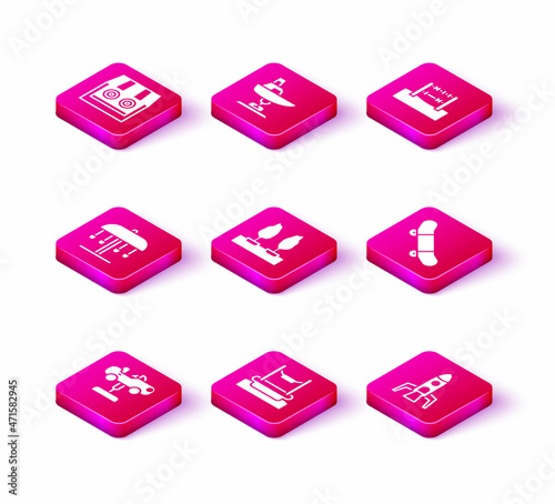 Set Swing car, Bungee, Attraction carousel, Forest, Rocket ship, Skateboard trick, Abacus and boat icon. Vector