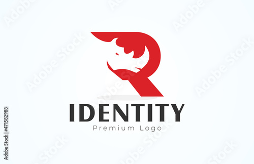 Letter R Rhino Logo,  initial R with negative space rhino's head, flat design logo template, vector illustration