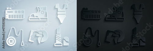 Set Vinyl disk, Swimsuit, Yoyo toy, Lipstick, Sport sneakers and Music synthesizer icon. Vector