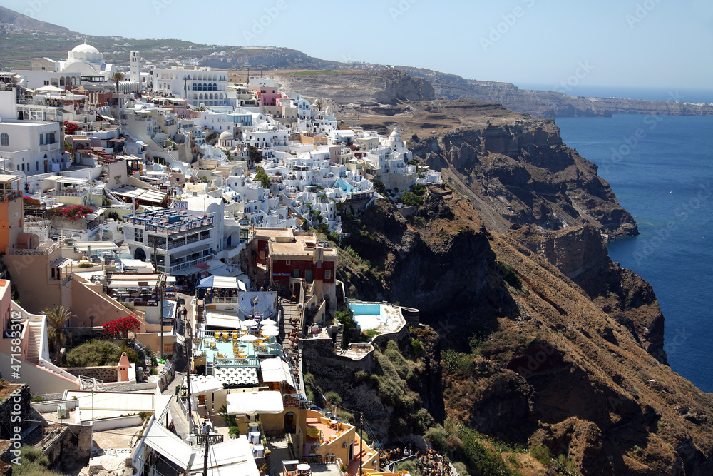 Beautiful Greek island Santorini and center town Fira, Greece. Santorini in the southern Aegean Sea, about 200 km southeast from the Greek mainland.