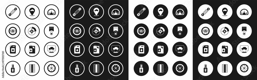 Set Speedometer, Car brake disk with caliper, Steering wheel, Shock absorber, Engine piston, Location car service, and Canister for motor oil icon. Vector Set Speedometer, Car brake disk with caliper, Steering wheel, Shock absorber, Engine piston, Location car service, and Canister for motor oil icon. Vector