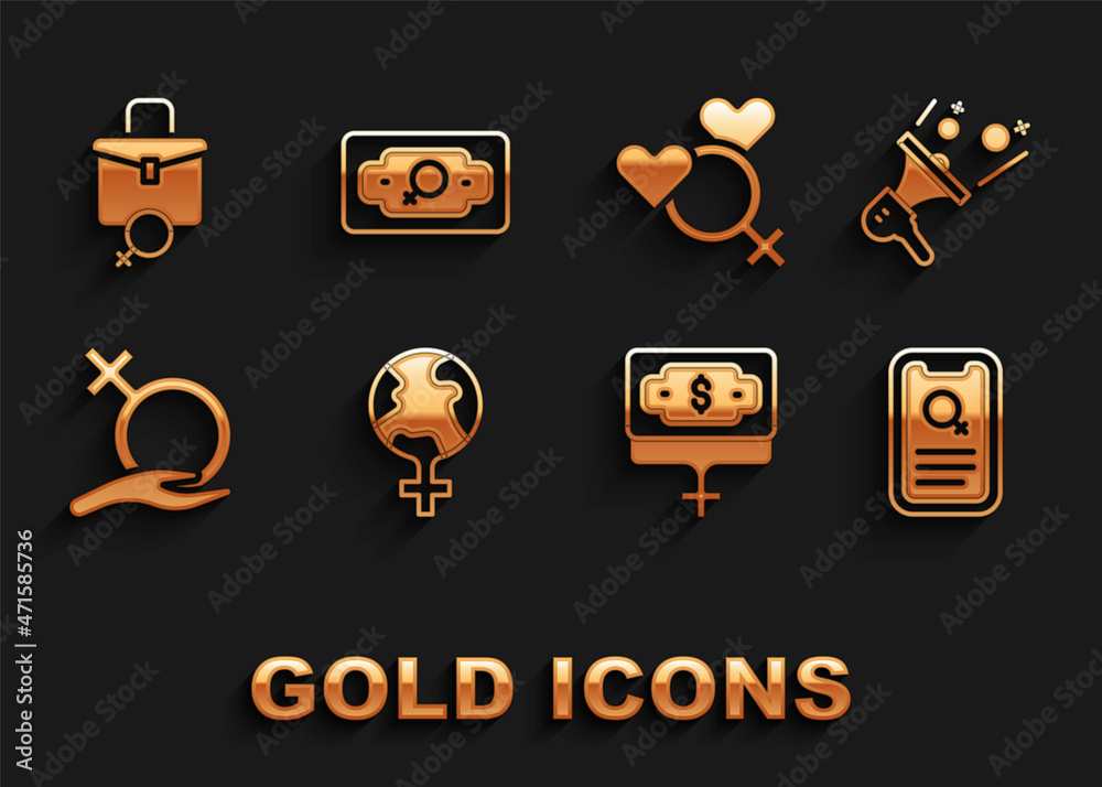 Set Feminism in the world, Feminist activist, Dating app, Money growth woman, Female gender, Work for female and icon. Vector