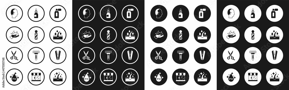 Set Aftershave with atomizer, Classic Barber shop pole, Shaving foam on hand, Baldness, Oil for hair care treatment, bottle, Curling iron and Scissors hairdresser icon. Vector Set Aftershave with atomizer, Classic Barber shop pole, Shaving foam on hand, Baldness, Oil for hair care treatment, bottle, Curling iron and Scissors hairdresser icon. Vector
