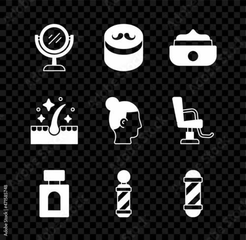 Set Hand mirror, Gel wax for hair styling, Aftershave, Classic Barber shop pole, Oil care treatment and Hairstyle icon. Vector