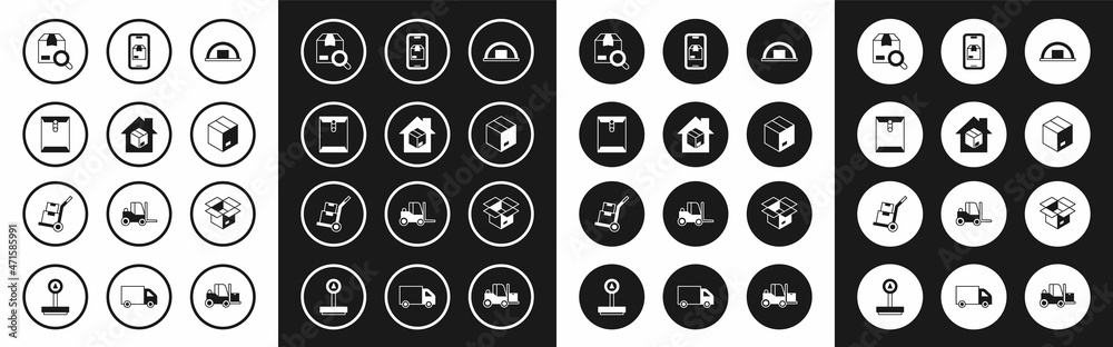 Set Warehouse, Home delivery services, Envelope, Search package, Carton cardboard box, Mobile app tracking, Unboxing and Hand truck and boxes icon. Vector Set Warehouse, Home delivery services, Envelope, Search package, Carton cardboard box, Mobile app tracking, Unboxing and Hand truck and boxes icon. Vector
