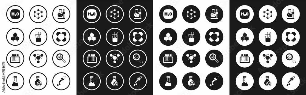 Set Test tube flask on stand, Laboratory glassware, Chemical formula, H2O, Molecule, Microorganisms under magnifier and icon. Vector