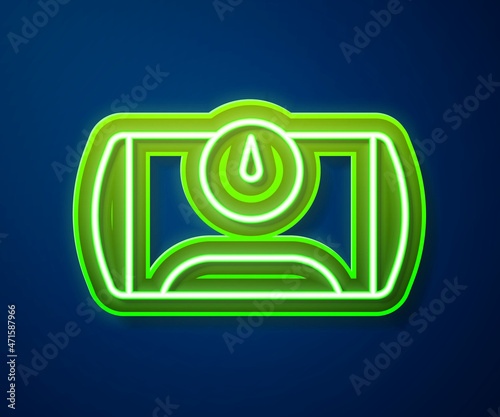 Glowing neon line Gas tank for vehicle icon isolated on blue background. Gas tanks are installed in a car. Vector