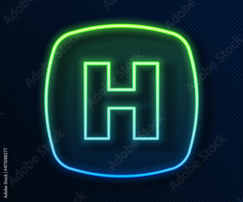 Glowing neon line Hospital signboard icon isolated on blue background. Vector