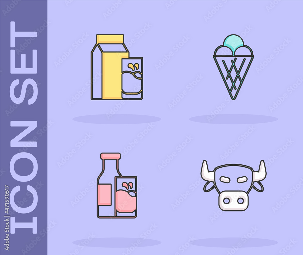 Set Cow head, Paper package for kefir, Bottle milk and glass and Ice cream in waffle cone icon. Vector Set Cow head, Paper package for kefir, Bottle milk and glass and Ice cream in waffle cone icon. Vector