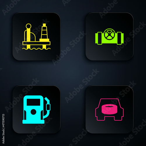 Set Spare wheel in the car, Oil platform sea, Petrol gas station and Metallic pipes and valve. Black square button. Vector