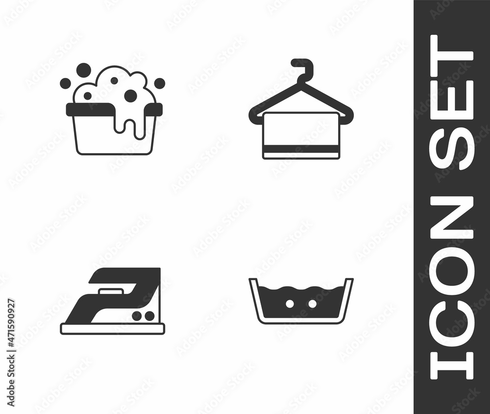 Set Temperature wash, Basin with soap suds, Electric iron and Towel hanger icon. Vector Set Temperature wash, Basin with soap suds, Electric iron and Towel hanger icon. Vector