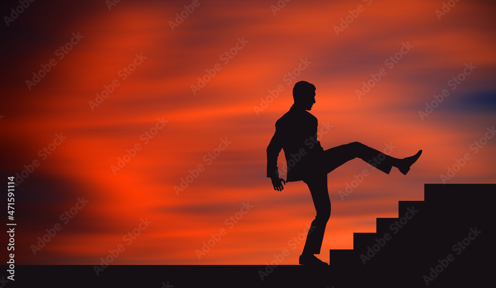 Young Businessman Trying To Climb the stair in one Big Step Skipping the small steps. Ambition business man Skips stairs to get the top faster. Silhouette in Beautiful Orange Sunset background. 