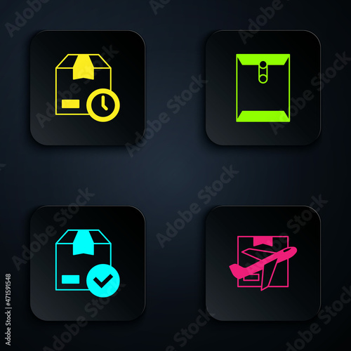 Set Plane and cardboard box, Cardboard with clock, ackage check mark and Envelope. Black square button. Vector photo