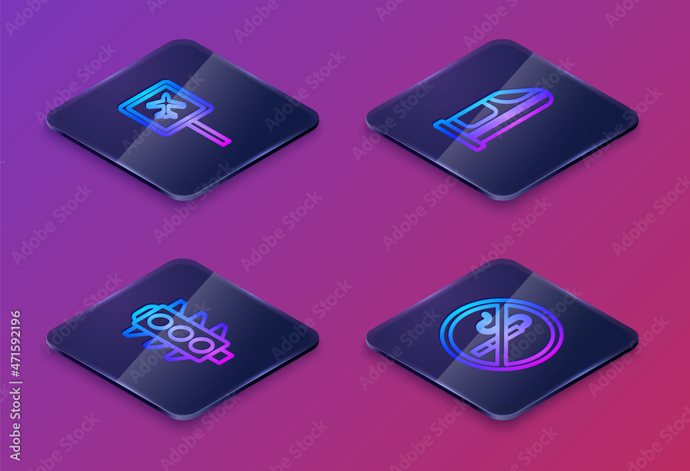 Set Isometric line Airport, Traffic light, High-speed train and No Smoking. Blue square button. Vector Set Isometric line Airport, Traffic light, High-speed train and No Smoking. Blue square button. Vector