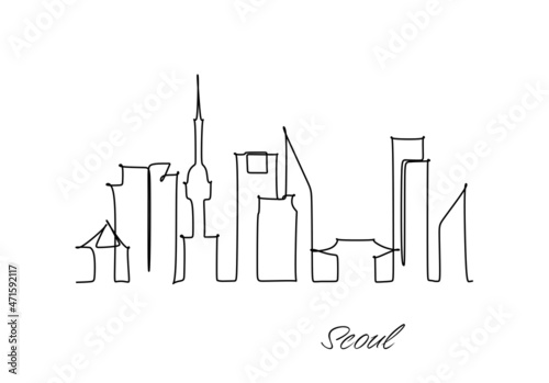 Line Art Vector Illustration of Modern Seoul City with Skyscrapers. Flat Line Graphic. Typographic Style Banner. The Most Famous Buildings Cityscape on white Background. Continuous line drawing