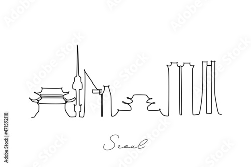 One continuous line drawing of Seoul city skyline, South Korea. Beautiful landmark home decor poster print. World landscape tourism travel vacation. Stylish single line draw design vector illustration