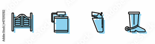 Set line Revolver gun in holster, Saloon door, Canteen water bottle and Cowboy boot icon. Vector