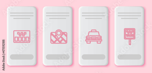 Set line Taximeter, Gps device with map, car and Road sign for taxi stand. White rectangle button. Vector