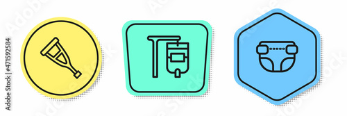 Set line Crutch or crutches, IV bag and Adult diaper. Colored shapes. Vector