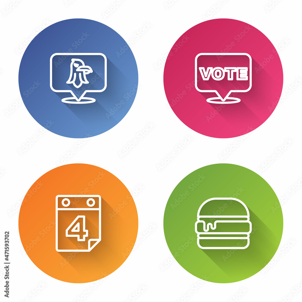 Set line Eagle, Vote, Calendar with date July 4 and Burger. Color circle button. Vector Set line Eagle, Vote, Calendar with date July 4 and Burger. Color circle button. Vector