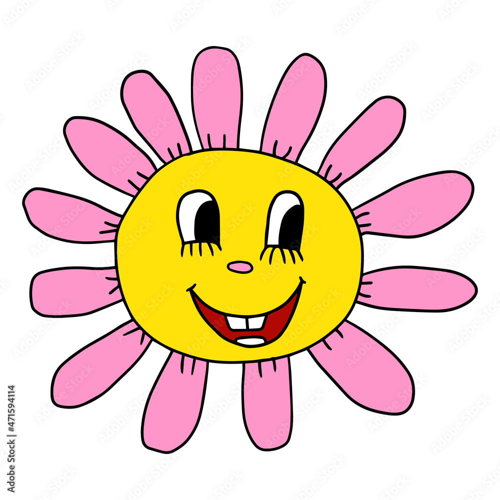 Cartoon hand drawn doodle happy flower head character Cartoon hand drawn doodle happy flower head character