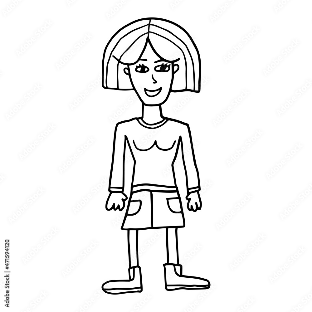 Cute cartoon hand drawn doodle woman standing. Cute cartoon hand drawn doodle woman standing.