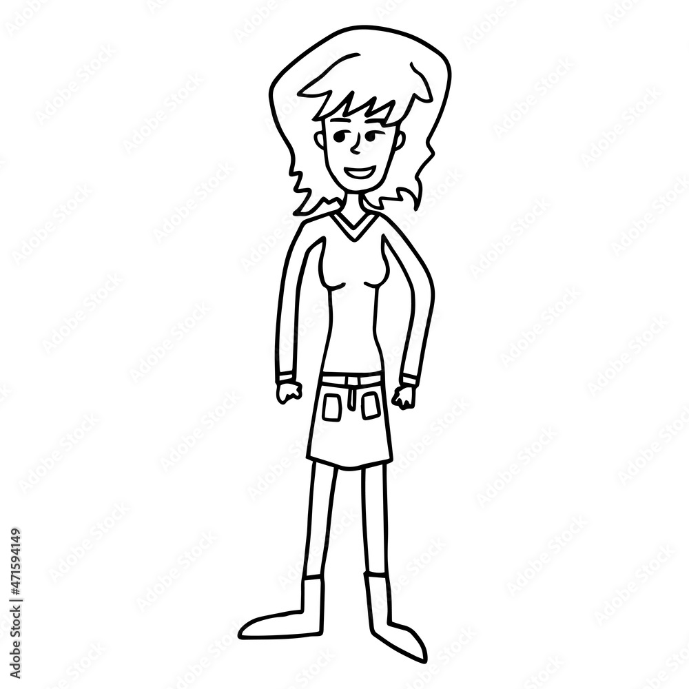 Cute cartoon hand drawn doodle woman standing. Cute cartoon hand drawn doodle woman standing.