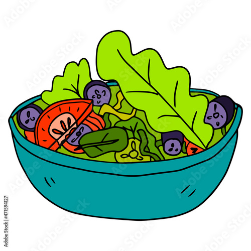 Cartoon hand drawn doodle bowl of salad. 