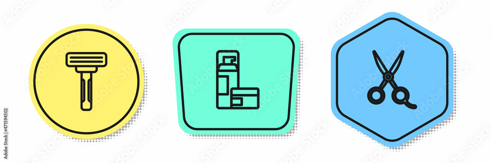 Set line Shaving razor, gel foam and Scissors hairdresser. Colored shapes. Vector Set line Shaving razor, gel foam and Scissors hairdresser. Colored shapes. Vector