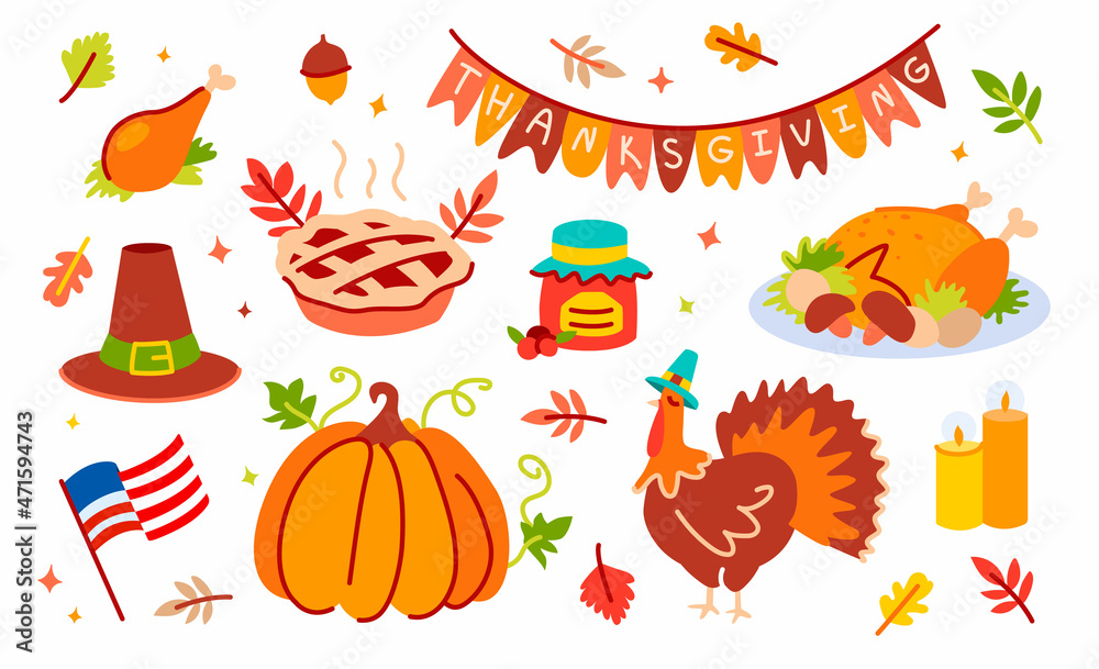 Thanksgiving holiday objects and decorations set. Thanksgiving holiday objects and decorations set.