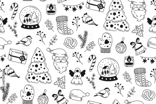 Christmas doodle seamless pattern. New year wrapper santa claus, garland, bell, candle, tree gift box and pretzel, lollipop. Xmas contour boundless, holiday celebrate. Scrapbook noel endless design