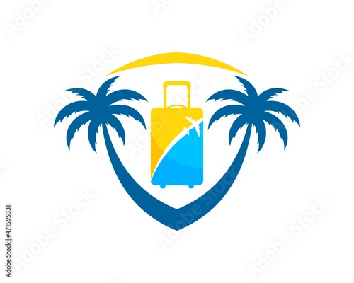 Abstract shield with palm tree and travel bag inside