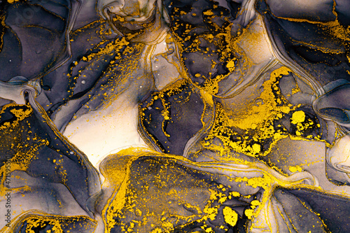 Abstract golden color fluid background, hand drawn alcohol painting, liquid ink technique