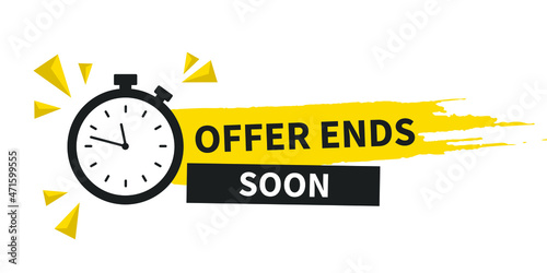 Offer ends soon. Paint brush stroke with clock. Special offer price sign. Advertising discounts symbol. Paint brush ink splash banner. Offer ends soon badge shape. Vector