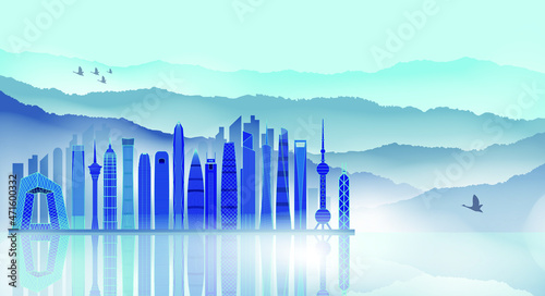 Vector stick figure of famous landmarks in Chinese landscape style