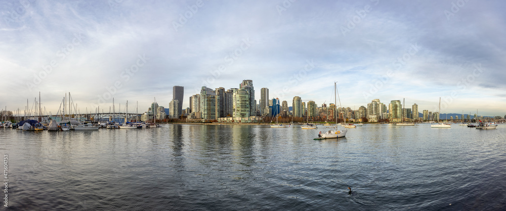 Panoramic View of Modern Downtown Cityscape during a sunny fall day. Vancouver, British Columbia, Canada.