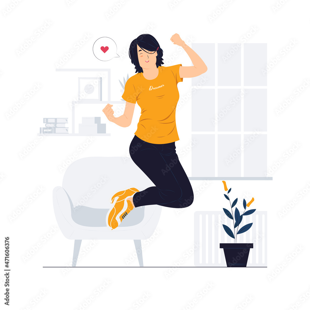 Happy girl, a woman jumping with joy concept illustrations